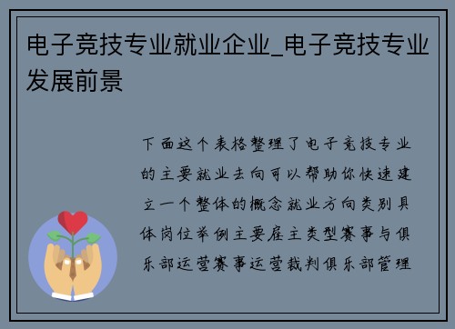 电子竞技专业就业企业_电子竞技专业发展前景